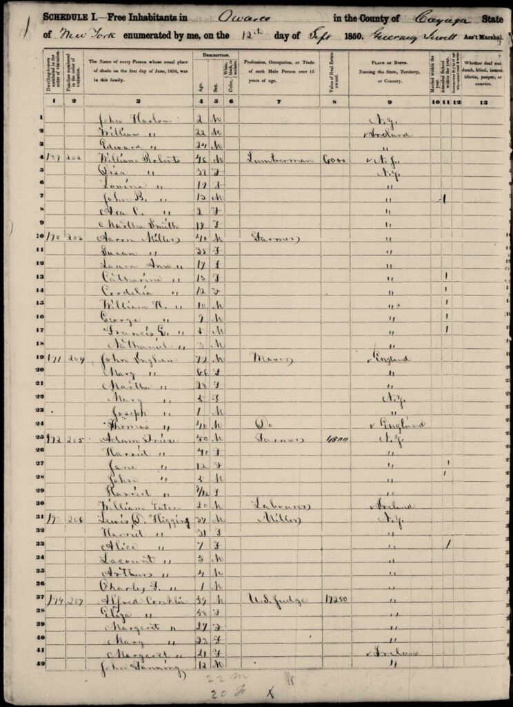 Censimento federale del 1850. Owasco è un comune nella contea di Cayuga. Vedi linee 4-7