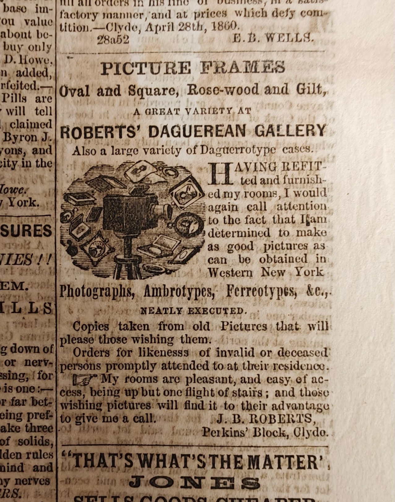 Seconda pubblicità di John B. Roberts nel Clyde Weekly Times, aprile 1860