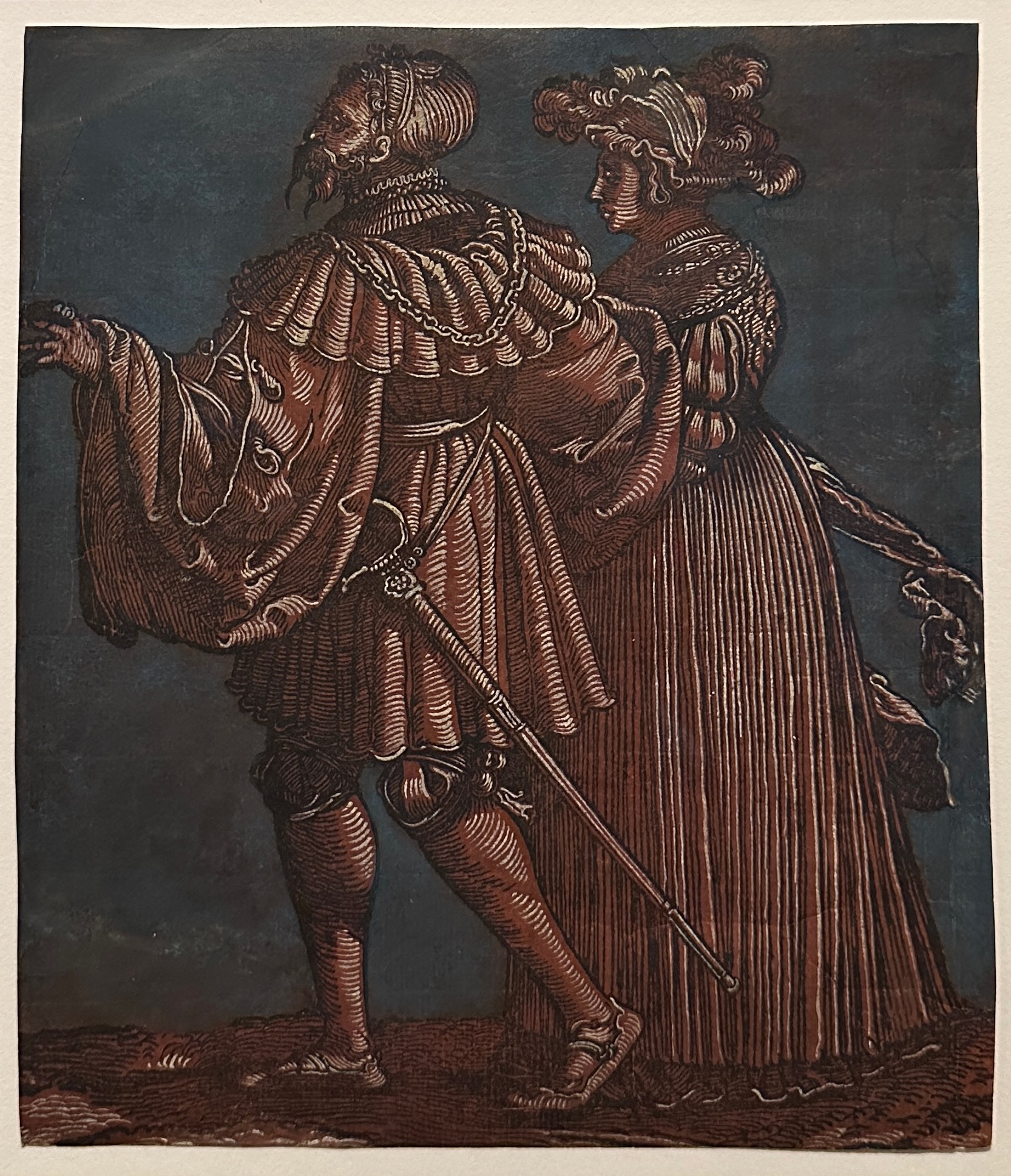 Xilografia su carta preparata con rosso, colorata a mano con inchiostro blu e ravvivata con bianco. Hans Schaufelein il Vecchio, Coppia, 1530 circa. Collezione Georg Baselitz