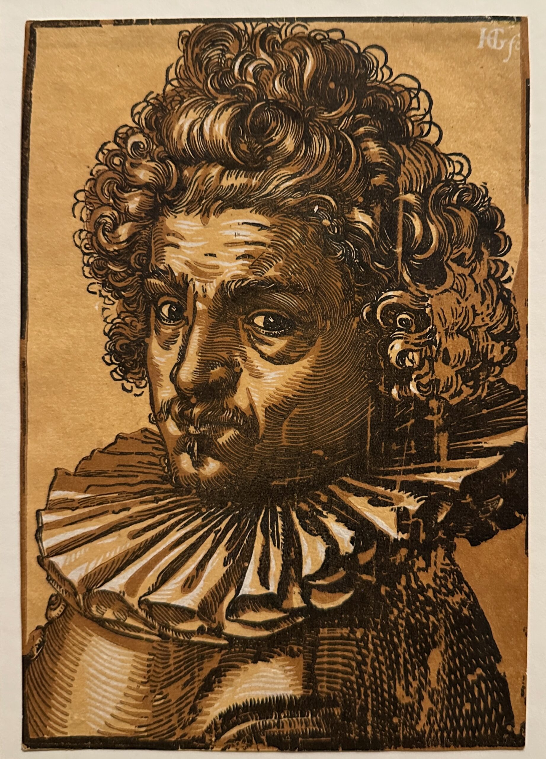 Xilografia chiaroscuro realizzata con tre blocchi in ocra, marrone chiaro e nero su carta. Hendrick Goltzius, Ritratto di Gillis van Breen, 1588 circa. Collezione Georg Baselitz