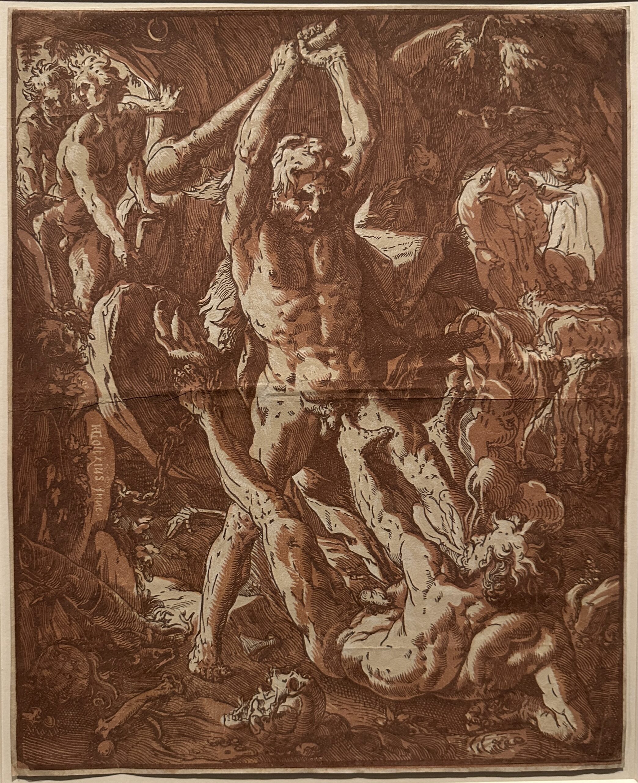 Xilografia chiaroscuro su tre blocchi in rosso mattone, bianco guscio d'uovo e marrone su carta. Hendrick Goltzius, Ercole uccide Caco, 1588. Collezione Georg Baselitz