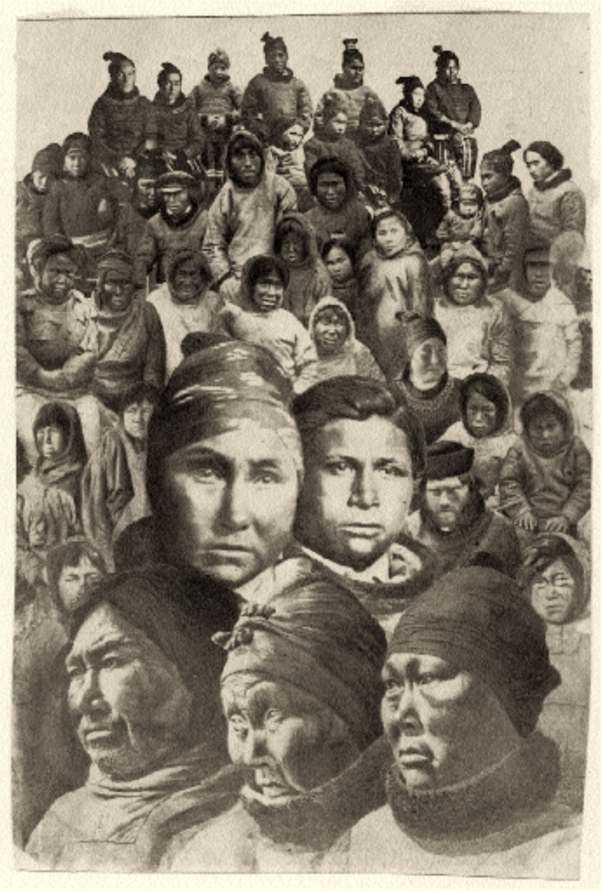 Fotomontaggio primitivo di Hinrik Rink, Nuuk e Copenaghen, 1862. Stampa originale all'albumina, 156×105 mm, composta da 41 ritratti di 'Eskimos e discendenti di Danesi'