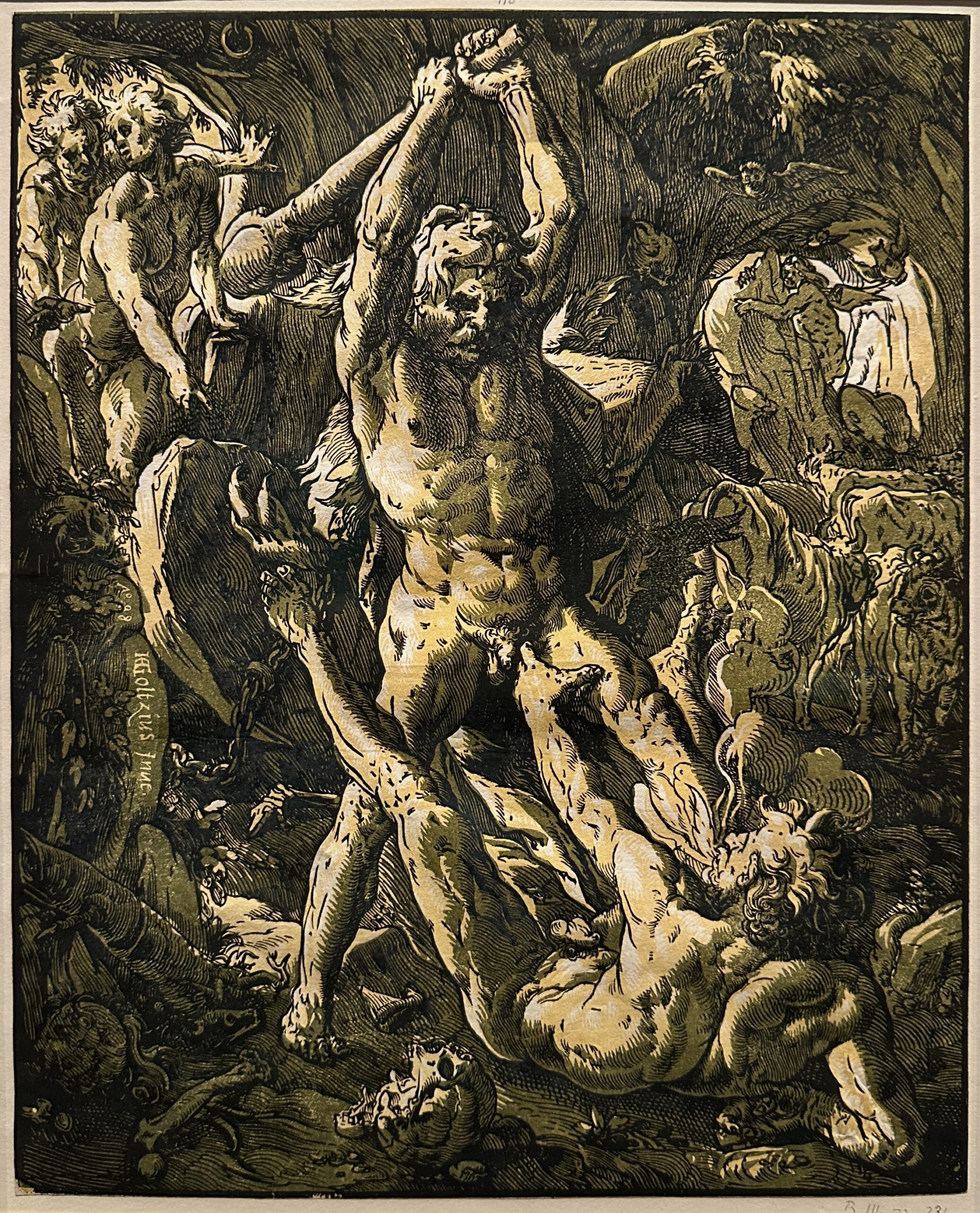 Xilografia chiaroscuro su tre blocchi in verde, giallo e nero su carta. Hendrick Goltzius, Ercole uccide Caco, 1588. Collezione Georg Baselitz