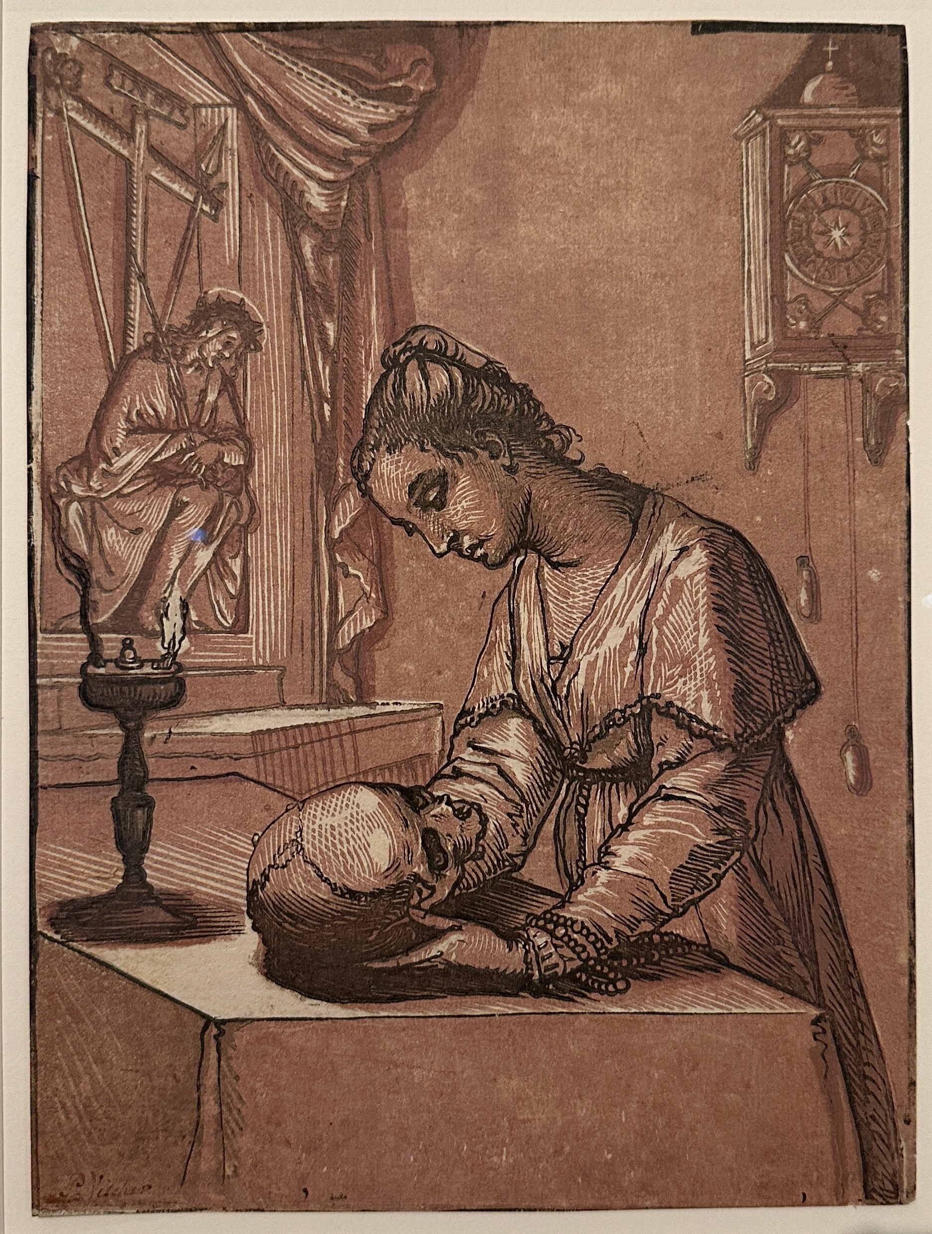 Xilografia chiaroscuro realizzata con sei blocchi in rosa, marrone rossiccio chiaro, medio e scuro, verde oliva e nero su carta. Andrea Andreani, Donna con teschio, 1591. Collezione Georg Baselitz