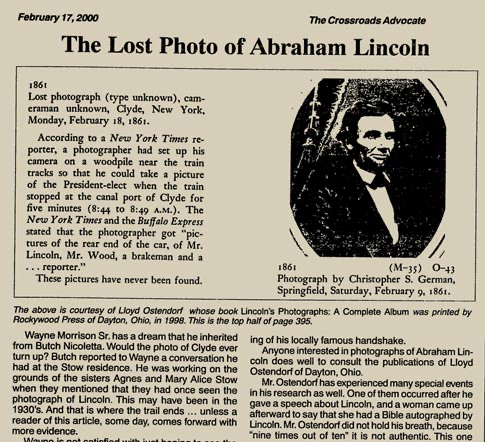 Hugh Miner, 'The Mystery of the Lost Lincoln Photograph', The Crossroads Advocate, 17 February 2000