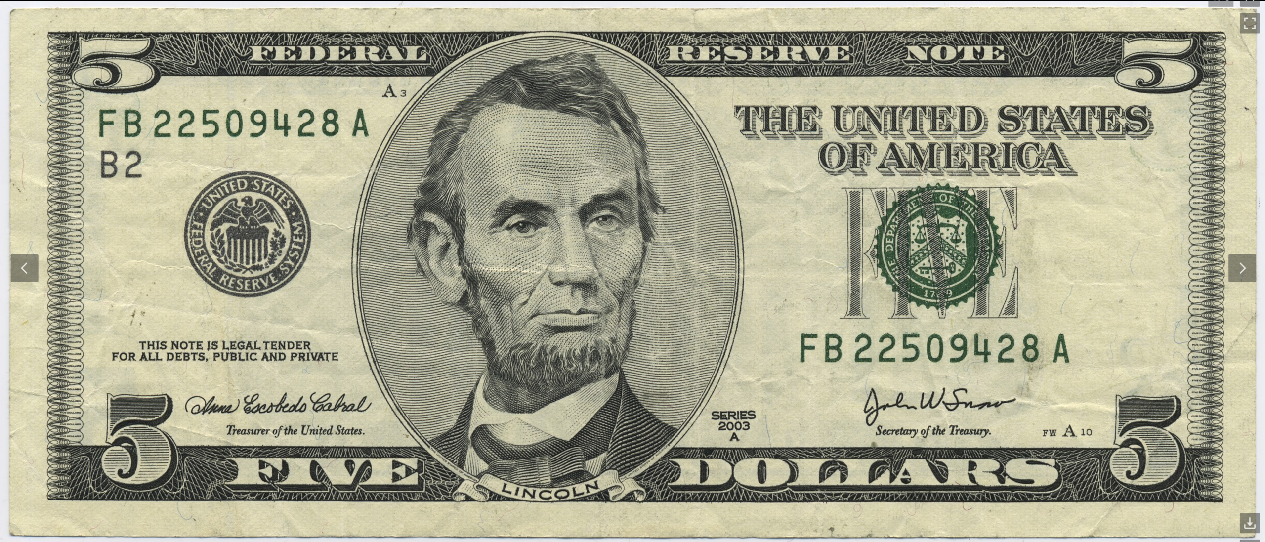 Model for the portrait on the U.S. $5 bill since 2001