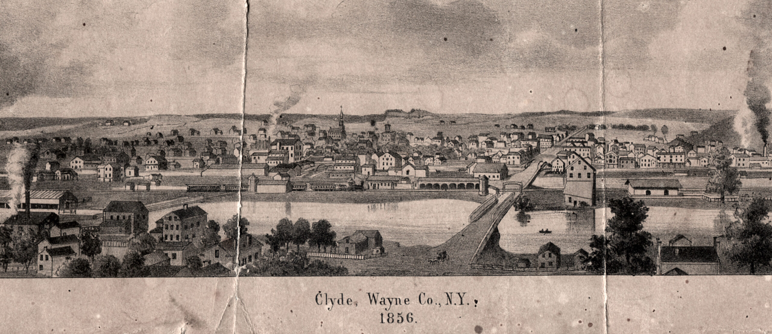 Clyde, NY, 1856, panoramic view showing Glasgow Street and the railway depot