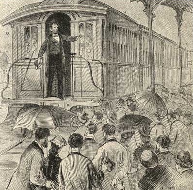 A. L. standing on the platform, drawn from memory in 1886