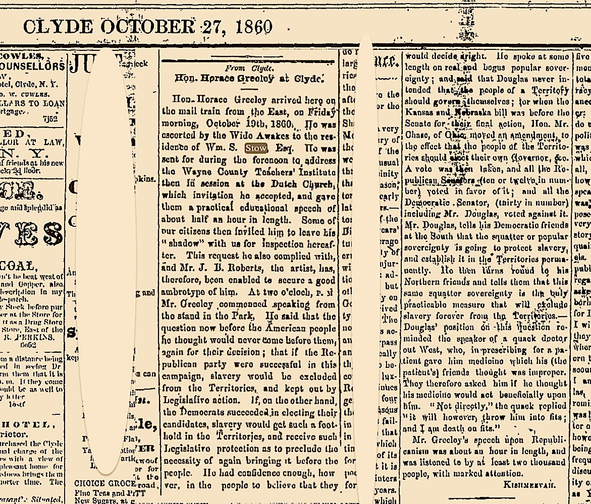 Horace Greeley visiting Clyde, 19 October 1860