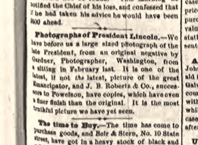 J. B. Roberts proposes enlargements of the last portrait of Lincoln, Rochester NY Evening Express, 10 May 1865