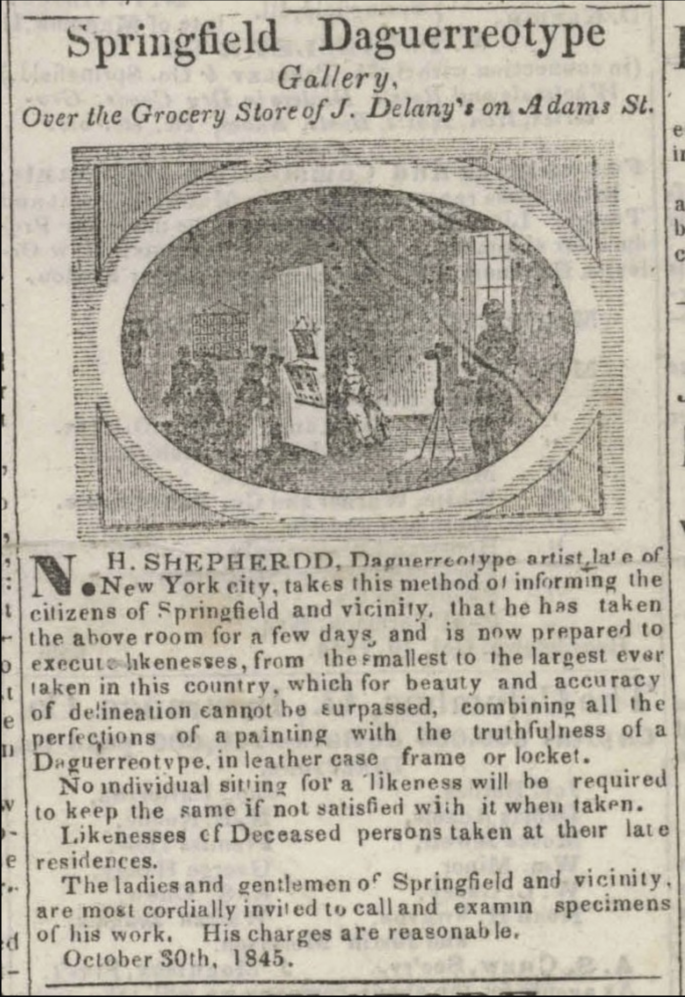Shepherd's daguerreian gallery advertisement, Springfield, 1845