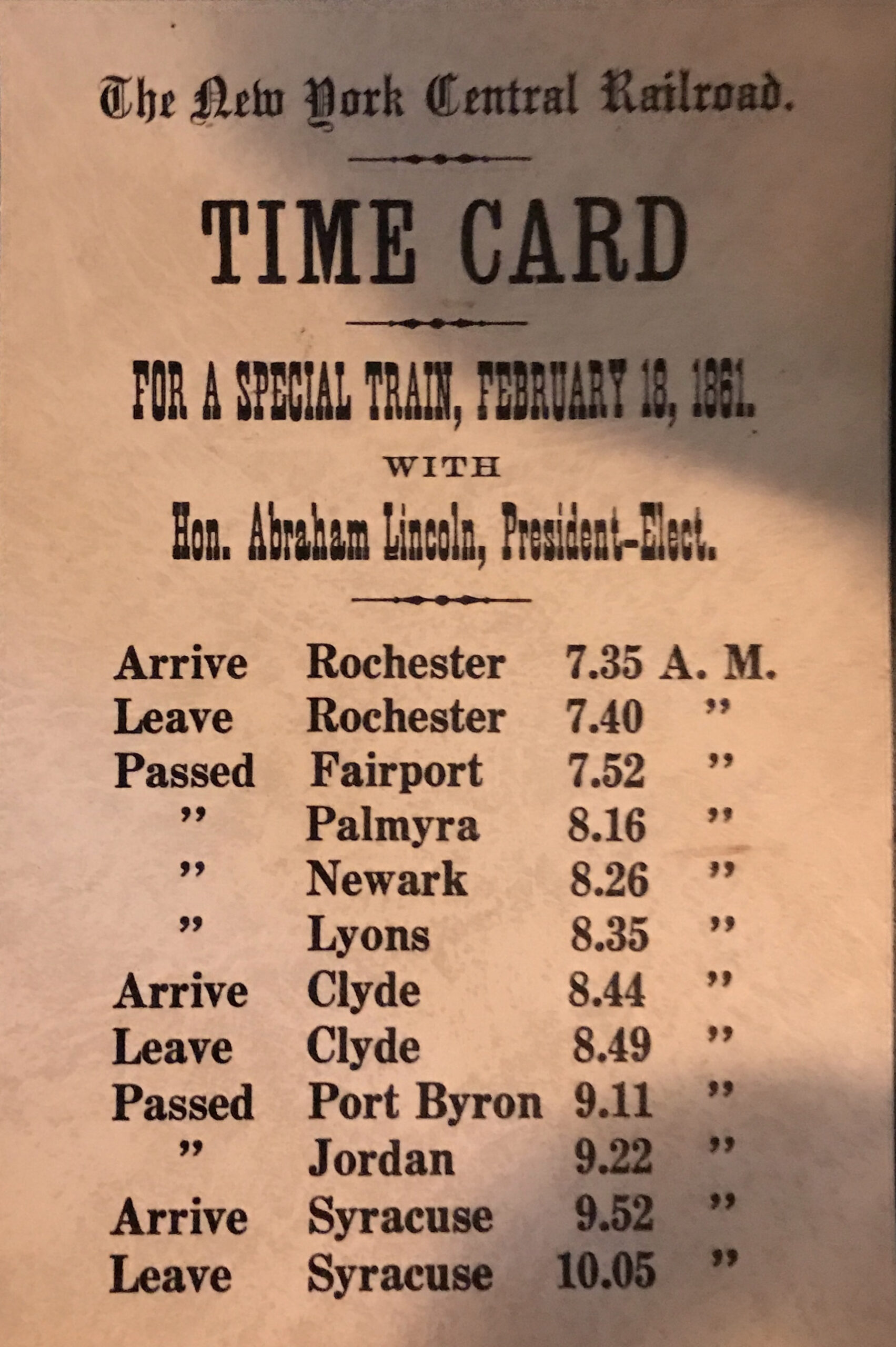 Time Card with detailed schedule — the train arrived in Clyde at 8.44 AM and departed at 8.49 AM