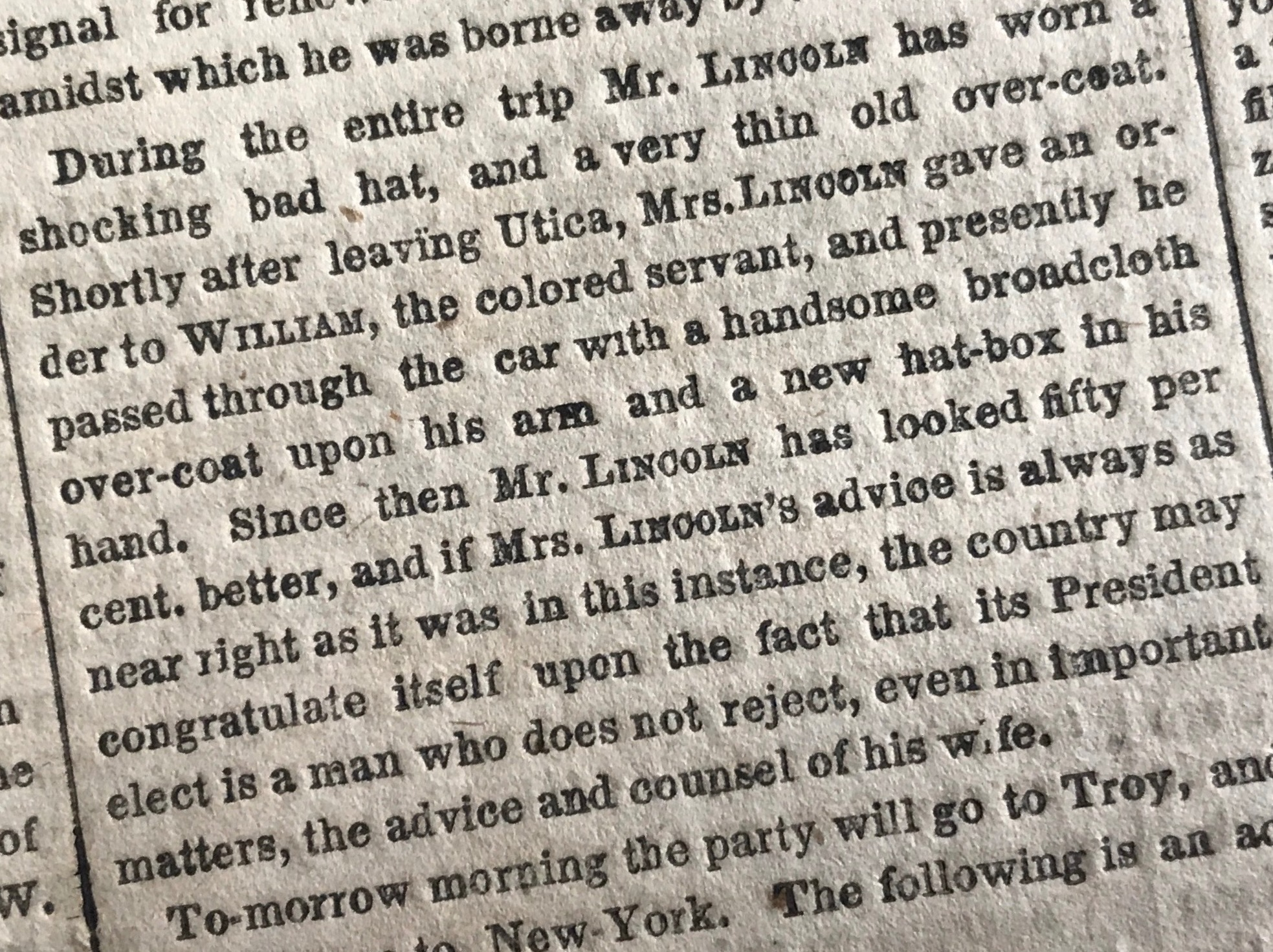 Ritaglio del New York Times sul cambiamento d'abito di Lincoln