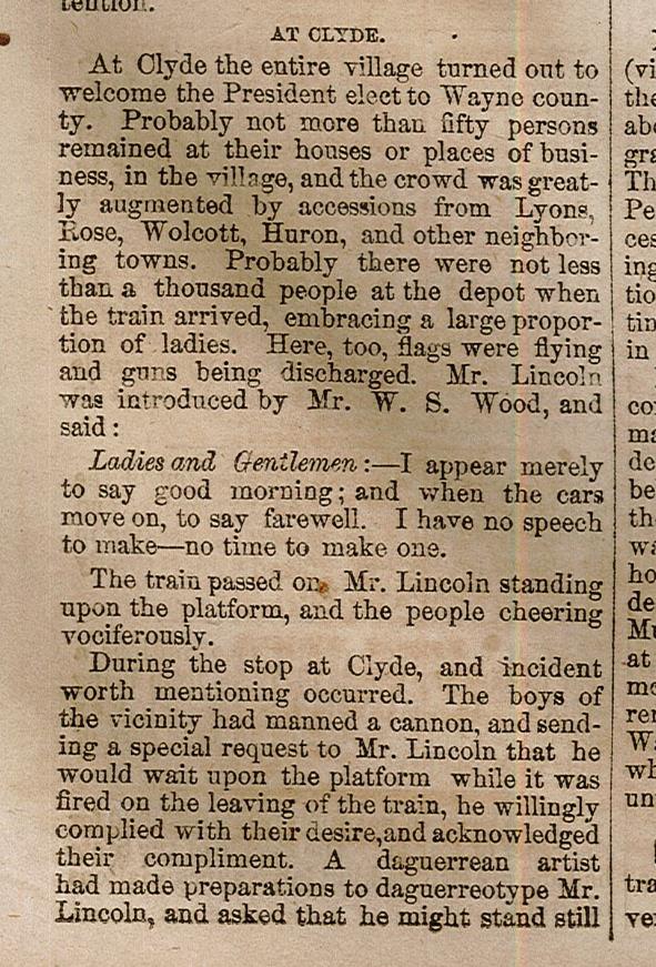 Newspaper cut, Lincoln speaking from the rear platform